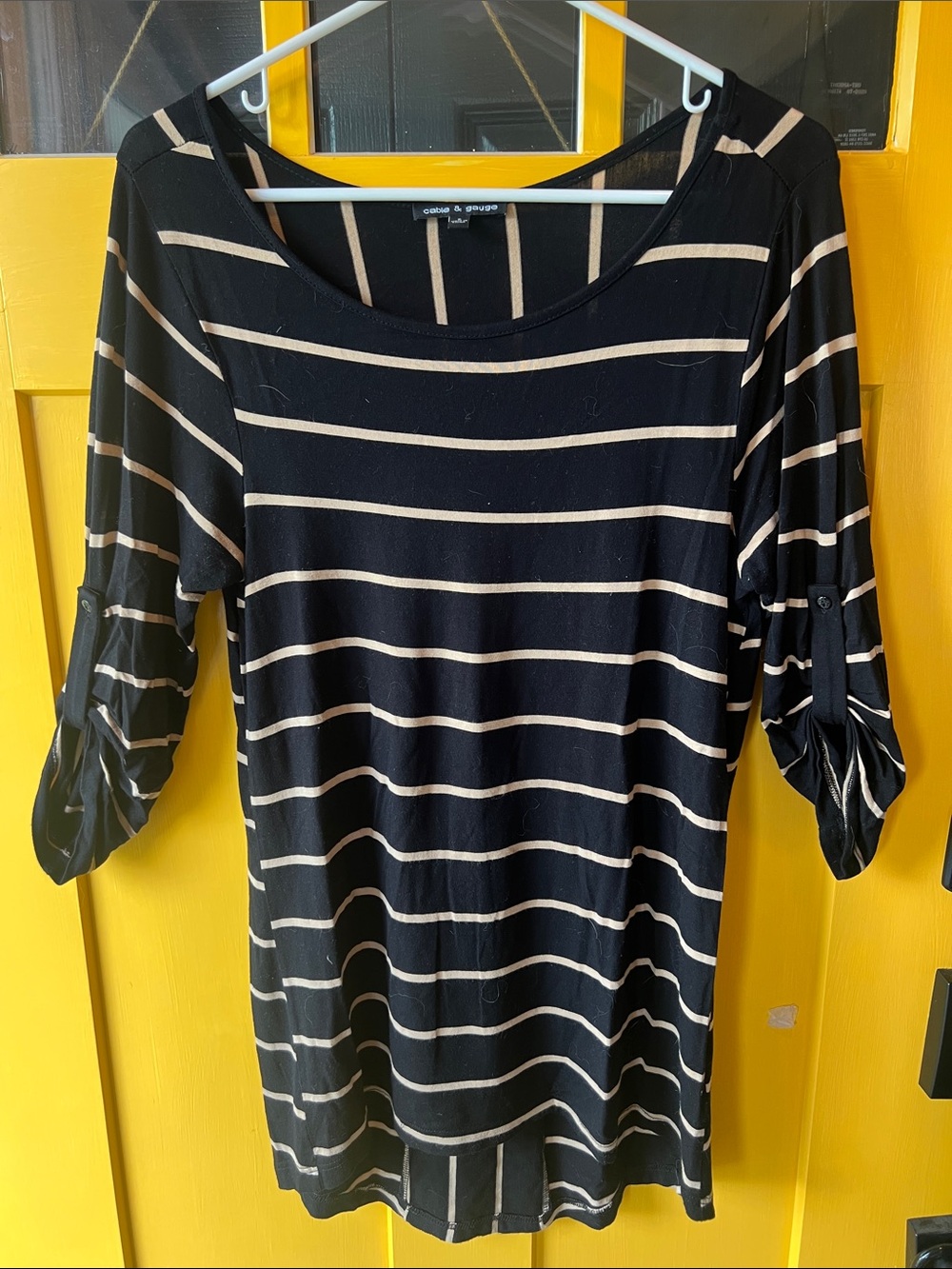 Black and Cream Striped Roll-Sleeve Women’s Top